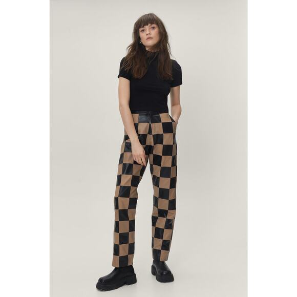 Nasty Gal Pants - Nasty Gal Checkerboard High Waisted Real Leather Pants Womens 4 Black Brown